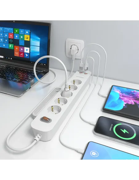 AISENS Regleta de Enchufes Multifuncion con 5 Tomas + Cargador PD3.0 20W 2xUSB-C, 2xUSB-A, 1.4m, Blanco