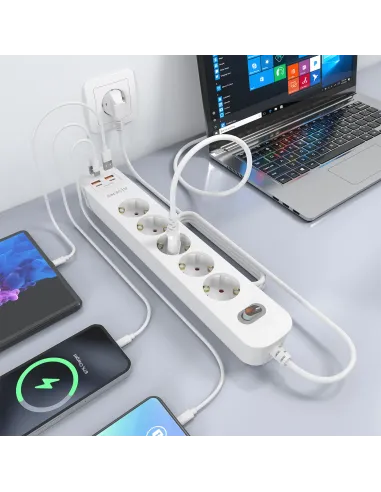 AISENS Regleta de Enchufes Multifuncion con 5 Tomas + Cargador PD3.0 20W 2xUSB-C, 2xUSB-A, 1.4m, Blanco