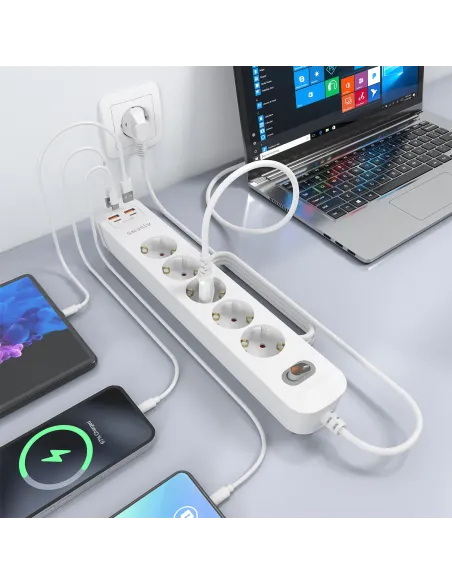 AISENS Regleta de Enchufes Multifuncion con 5 Tomas + Cargador PD3.0 20W 2xUSB-C, 2xUSB-A, 1.4m, Blanco