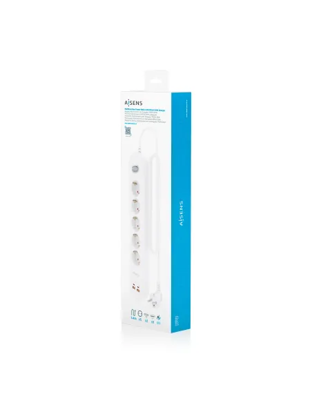 AISENS Regleta de Enchufes Multifuncion con 5 Tomas + Cargador PD3.0 20W 2xUSB-C, 2xUSB-A, 1.4m, Blanco