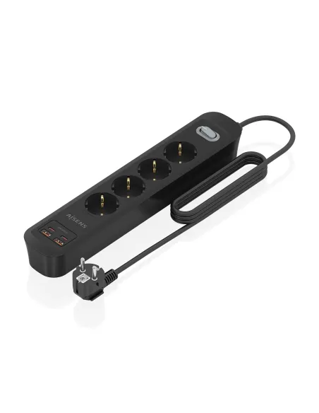 AISENS Regleta de Enchufes Multifuncion con 4 Tomas + Cargador PD3.0 20W 2xUSB-C, 2xUSB-A, 1.4m, Negro