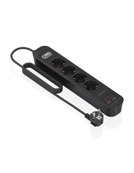 AISENS Regleta de Enchufes Multifuncion con 4 Tomas + Cargador PD3.0 20W 2xUSB-C, 2xUSB-A, 1.4m, Negro