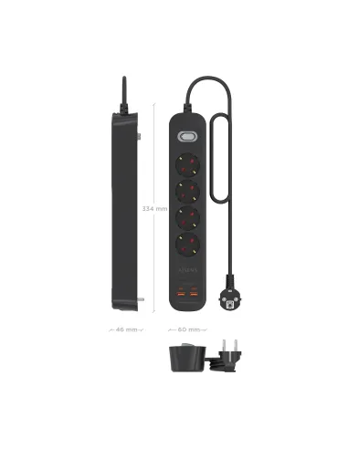 AISENS Regleta de Enchufes Multifuncion con 4 Tomas + Cargador PD3.0 20W 2xUSB-C, 2xUSB-A, 1.4m, Negro
