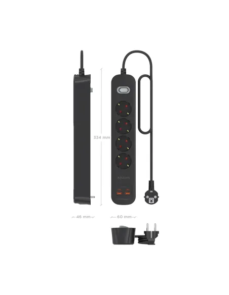 AISENS Regleta de Enchufes Multifuncion con 4 Tomas + Cargador PD3.0 20W 2xUSB-C, 2xUSB-A, 1.4m, Negro