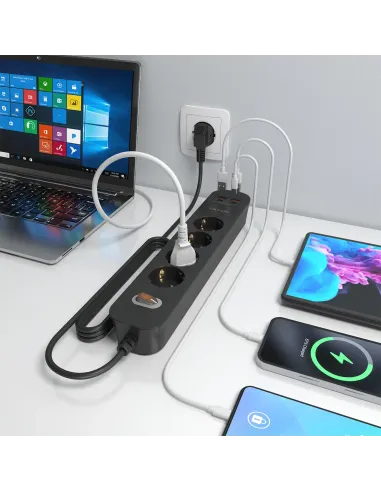 AISENS Regleta de Enchufes Multifuncion con 4 Tomas + Cargador PD3.0 20W 2xUSB-C, 2xUSB-A, 1.4m, Negro