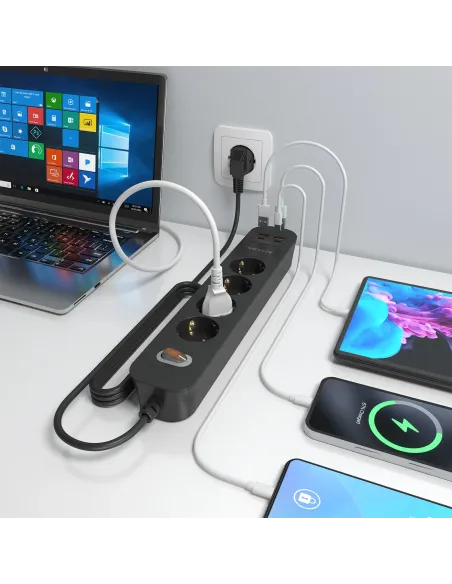 AISENS Regleta de Enchufes Multifuncion con 4 Tomas + Cargador PD3.0 20W 2xUSB-C, 2xUSB-A, 1.4m, Negro