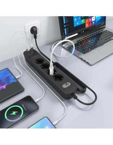 AISENS Regleta de Enchufes Multifuncion con 4 Tomas + Cargador PD3.0 20W 2xUSB-C, 2xUSB-A, 1.4m, Negro