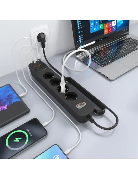 AISENS Regleta de Enchufes Multifuncion con 4 Tomas + Cargador PD3.0 20W 2xUSB-C, 2xUSB-A, 1.4m, Negro