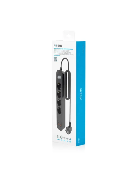 AISENS Regleta de Enchufes Multifuncion con 4 Tomas + Cargador PD3.0 20W 2xUSB-C, 2xUSB-A, 1.4m, Negro