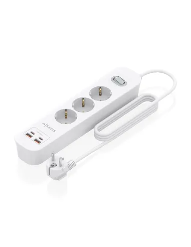 AISENS Regleta de Enchufes Multifuncion con 3 Tomas + Cargador PD3.0 20W 2xUSB-C, 2xUSB-A, 1.4m, Blanco