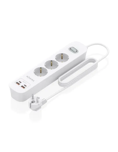 AISENS Regleta de Enchufes Multifuncion con 3 Tomas + Cargador PD3.0 20W 2xUSB-C, 2xUSB-A, 1.4m, Blanco
