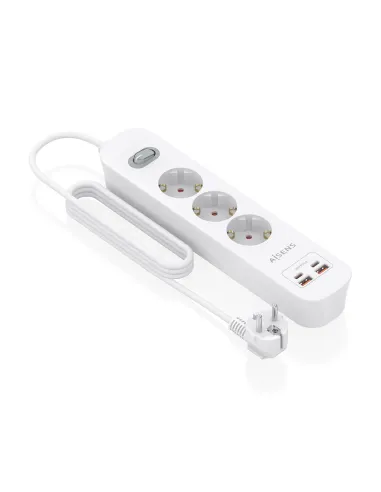 AISENS Regleta de Enchufes Multifuncion con 3 Tomas + Cargador PD3.0 20W 2xUSB-C, 2xUSB-A, 1.4m, Blanco