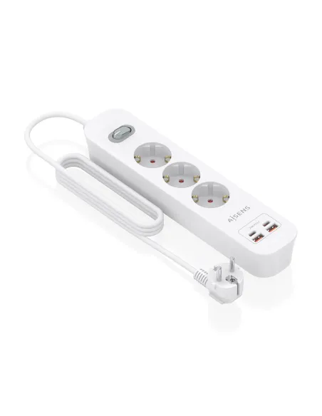 AISENS Regleta de Enchufes Multifuncion con 3 Tomas + Cargador PD3.0 20W 2xUSB-C, 2xUSB-A, 1.4m, Blanco