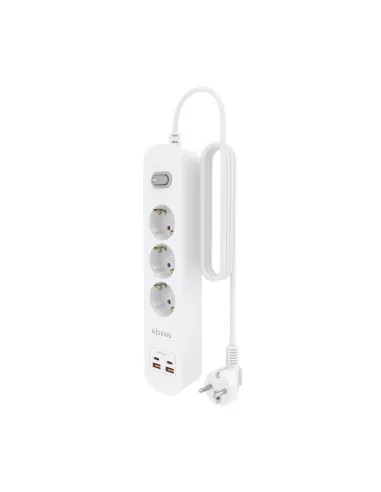 AISENS Regleta de Enchufes Multifuncion con 3 Tomas + Cargador PD3.0 20W 2xUSB-C, 2xUSB-A, 1.4m, Blanco