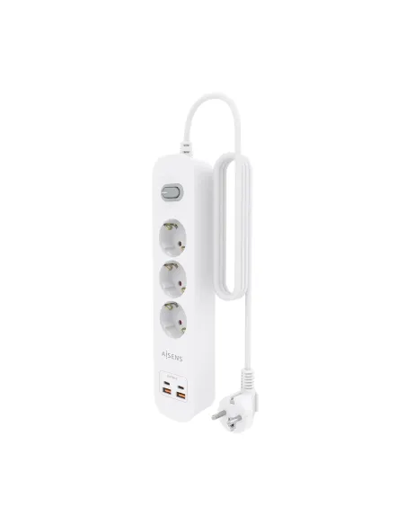 AISENS Regleta de Enchufes Multifuncion con 3 Tomas + Cargador PD3.0 20W 2xUSB-C, 2xUSB-A, 1.4m, Blanco
