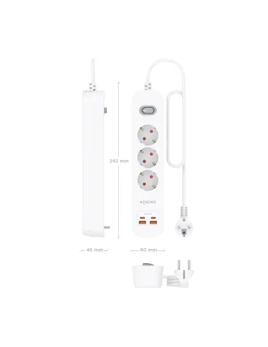 AISENS Regleta de Enchufes Multifuncion con 3 Tomas + Cargador PD3.0 20W 2xUSB-C, 2xUSB-A, 1.4m, Blanco