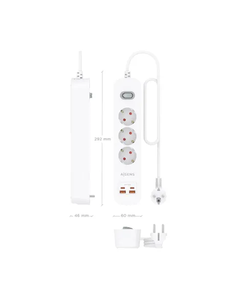 AISENS Regleta de Enchufes Multifuncion con 3 Tomas + Cargador PD3.0 20W 2xUSB-C, 2xUSB-A, 1.4m, Blanco