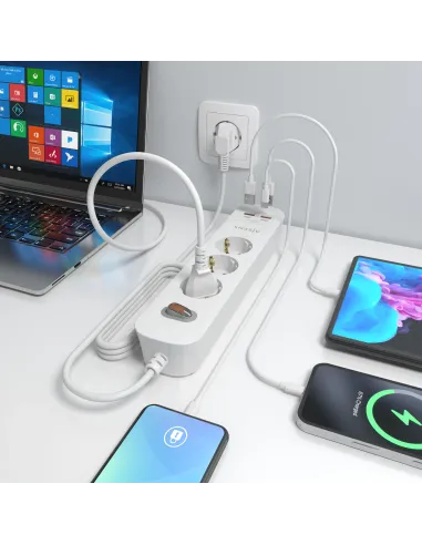 AISENS Regleta de Enchufes Multifuncion con 3 Tomas + Cargador PD3.0 20W 2xUSB-C, 2xUSB-A, 1.4m, Blanco