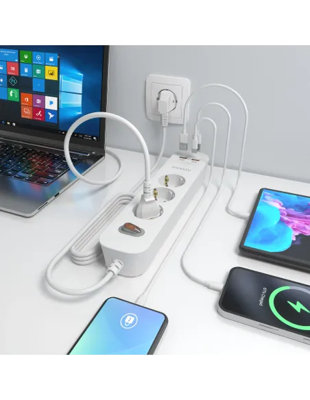 AISENS Regleta de Enchufes Multifuncion con 3 Tomas + Cargador PD3.0 20W 2xUSB-C, 2xUSB-A, 1.4m, Blanco