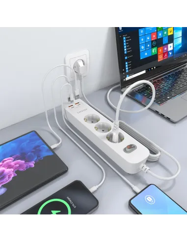 AISENS Regleta de Enchufes Multifuncion con 3 Tomas + Cargador PD3.0 20W 2xUSB-C, 2xUSB-A, 1.4m, Blanco