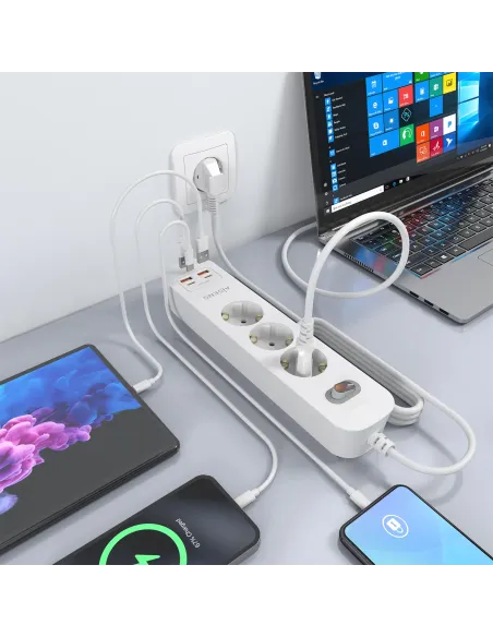 AISENS Regleta de Enchufes Multifuncion con 3 Tomas + Cargador PD3.0 20W 2xUSB-C, 2xUSB-A, 1.4m, Blanco