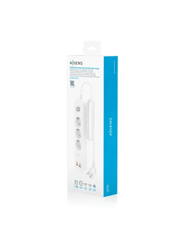 AISENS Regleta de Enchufes Multifuncion con 3 Tomas + Cargador PD3.0 20W 2xUSB-C, 2xUSB-A, 1.4m, Blanco