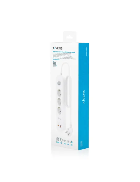 AISENS Regleta de Enchufes Multifuncion con 3 Tomas + Cargador PD3.0 20W 2xUSB-C, 2xUSB-A, 1.4m, Blanco
