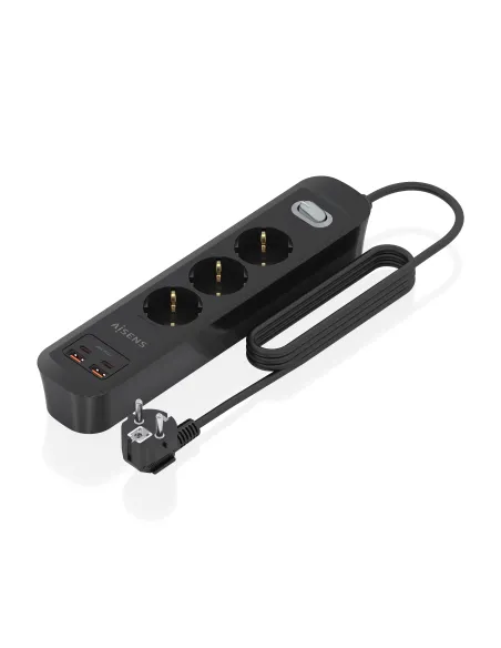 AISENS Regleta de Enchufes Multifuncion con 3 Tomas + Cargador PD3.0 20W 2xUSB-C, 2xUSB-A, 1.4m, Negro
