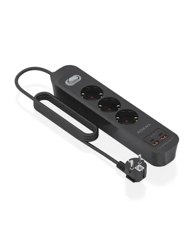 AISENS Regleta de Enchufes Multifuncion con 3 Tomas + Cargador PD3.0 20W 2xUSB-C, 2xUSB-A, 1.4m, Negro