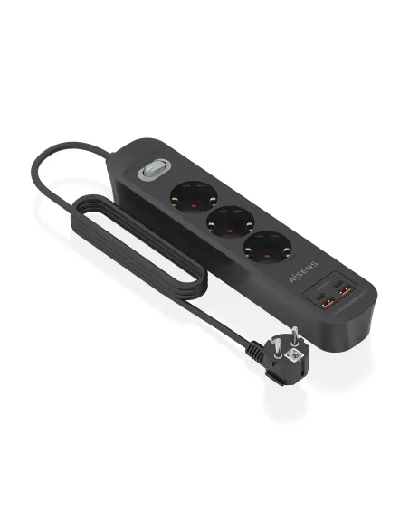 AISENS Regleta de Enchufes Multifuncion con 3 Tomas + Cargador PD3.0 20W 2xUSB-C, 2xUSB-A, 1.4m, Negro