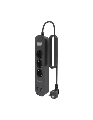 AISENS Regleta de Enchufes Multifuncion con 3 Tomas + Cargador PD3.0 20W 2xUSB-C, 2xUSB-A, 1.4m, Negro
