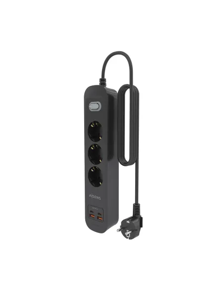 AISENS Regleta de Enchufes Multifuncion con 3 Tomas + Cargador PD3.0 20W 2xUSB-C, 2xUSB-A, 1.4m, Negro