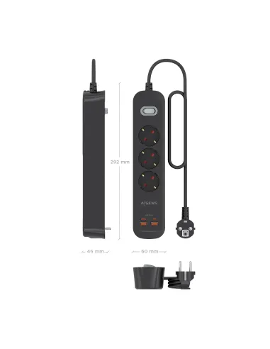 AISENS Regleta de Enchufes Multifuncion con 3 Tomas + Cargador PD3.0 20W 2xUSB-C, 2xUSB-A, 1.4m, Negro
