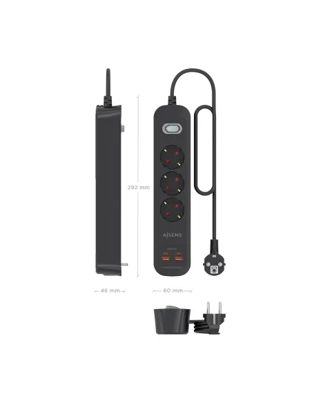AISENS Regleta de Enchufes Multifuncion con 3 Tomas + Cargador PD3.0 20W 2xUSB-C, 2xUSB-A, 1.4m, Negro