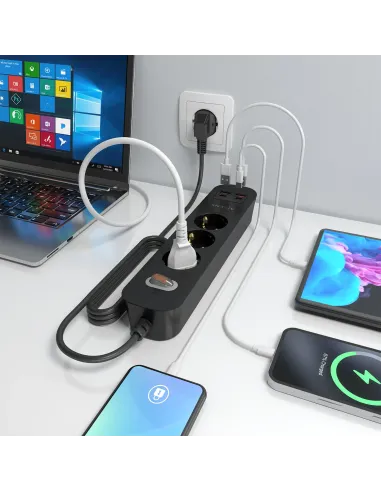 AISENS Regleta de Enchufes Multifuncion con 3 Tomas + Cargador PD3.0 20W 2xUSB-C, 2xUSB-A, 1.4m, Negro