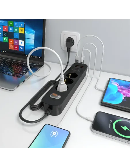AISENS Regleta de Enchufes Multifuncion con 3 Tomas + Cargador PD3.0 20W 2xUSB-C, 2xUSB-A, 1.4m, Negro