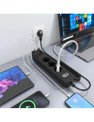 AISENS Regleta de Enchufes Multifuncion con 3 Tomas + Cargador PD3.0 20W 2xUSB-C, 2xUSB-A, 1.4m, Negro