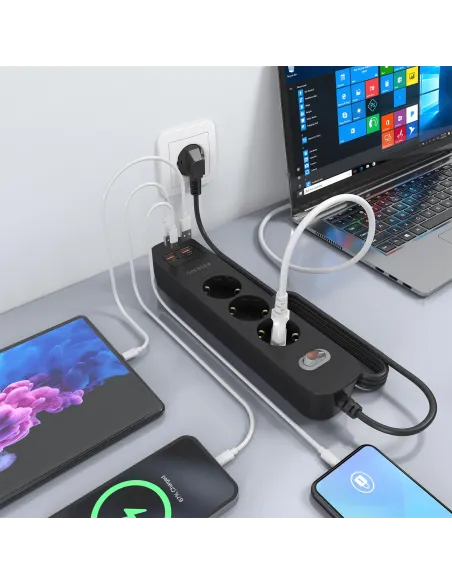 AISENS Regleta de Enchufes Multifuncion con 3 Tomas + Cargador PD3.0 20W 2xUSB-C, 2xUSB-A, 1.4m, Negro