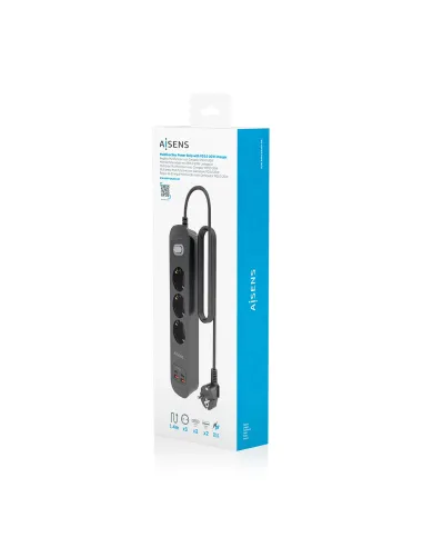 AISENS Regleta de Enchufes Multifuncion con 3 Tomas + Cargador PD3.0 20W 2xUSB-C, 2xUSB-A, 1.4m, Negro