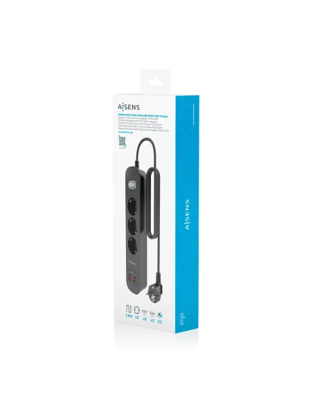 AISENS Regleta de Enchufes Multifuncion con 3 Tomas + Cargador PD3.0 20W 2xUSB-C, 2xUSB-A, 1.4m, Negro