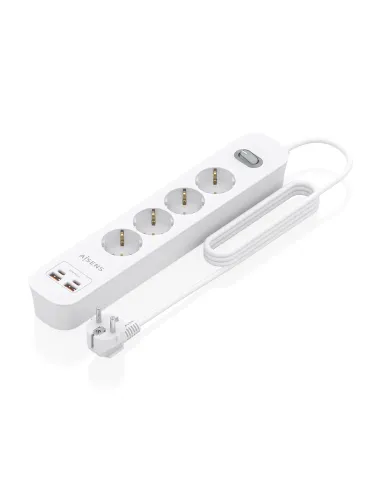 AISENS Regleta de Enchufes Multifuncion con 4 Tomas + Cargador PD3.0 20W 2xUSB-C, 2xUSB-A, 1.4m, Blanco