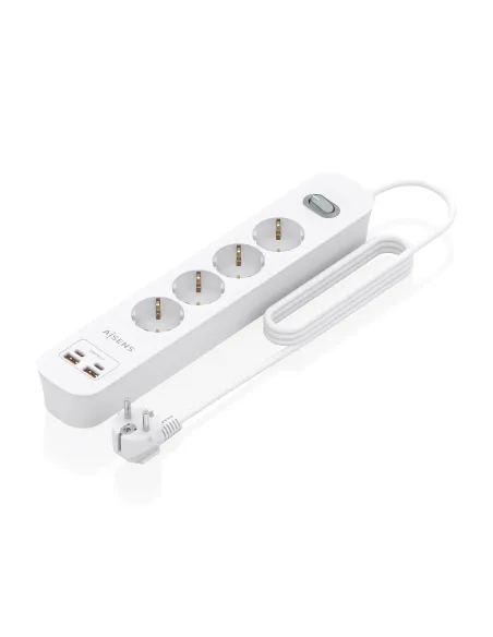 AISENS Regleta de Enchufes Multifuncion con 4 Tomas + Cargador PD3.0 20W 2xUSB-C, 2xUSB-A, 1.4m, Blanco