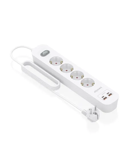 AISENS Regleta de Enchufes Multifuncion con 4 Tomas + Cargador PD3.0 20W 2xUSB-C, 2xUSB-A, 1.4m, Blanco
