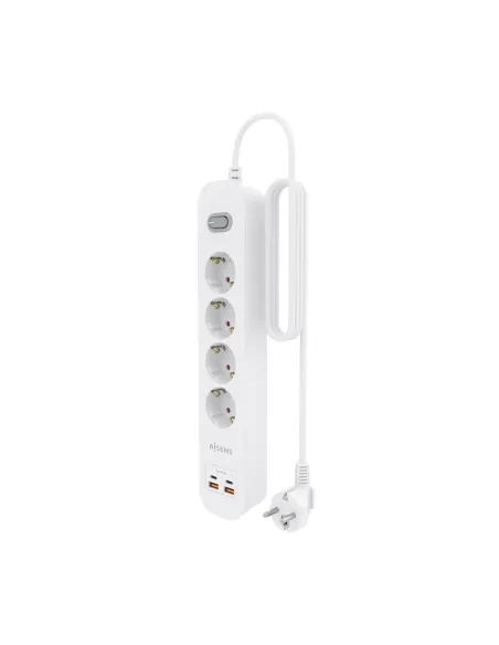 AISENS Regleta de Enchufes Multifuncion con 4 Tomas + Cargador PD3.0 20W 2xUSB-C, 2xUSB-A, 1.4m, Blanco