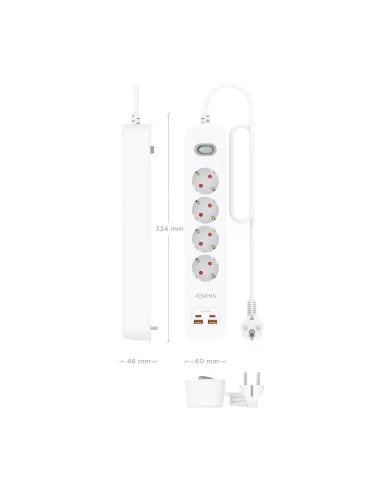 AISENS Regleta de Enchufes Multifuncion con 4 Tomas + Cargador PD3.0 20W 2xUSB-C, 2xUSB-A, 1.4m, Blanco