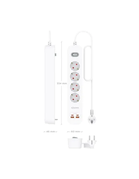 AISENS Regleta de Enchufes Multifuncion con 4 Tomas + Cargador PD3.0 20W 2xUSB-C, 2xUSB-A, 1.4m, Blanco