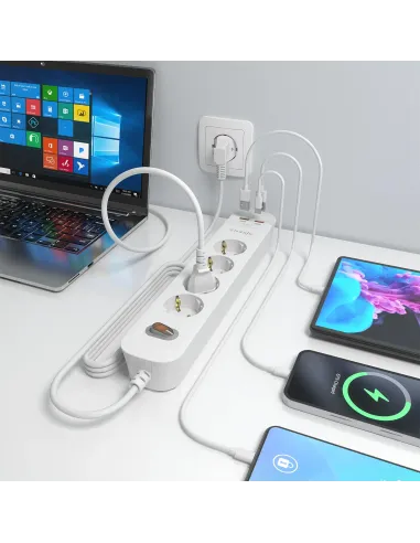 AISENS Regleta de Enchufes Multifuncion con 4 Tomas + Cargador PD3.0 20W 2xUSB-C, 2xUSB-A, 1.4m, Blanco