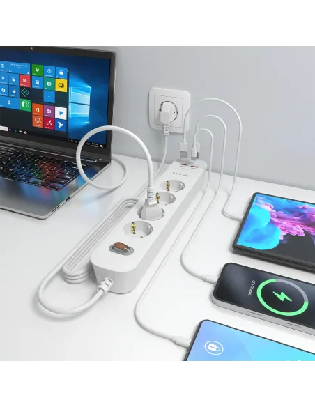 AISENS Regleta de Enchufes Multifuncion con 4 Tomas + Cargador PD3.0 20W 2xUSB-C, 2xUSB-A, 1.4m, Blanco