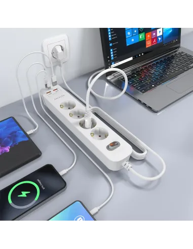 AISENS Regleta de Enchufes Multifuncion con 4 Tomas + Cargador PD3.0 20W 2xUSB-C, 2xUSB-A, 1.4m, Blanco