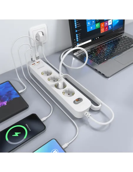 AISENS Regleta de Enchufes Multifuncion con 4 Tomas + Cargador PD3.0 20W 2xUSB-C, 2xUSB-A, 1.4m, Blanco
